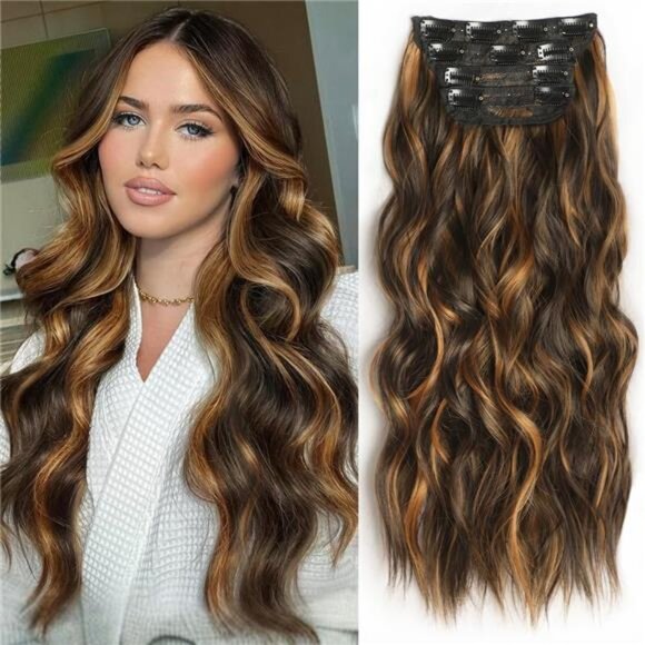 Clip in Hair Extensions for Women,Medium Brown Mix Caramel Brown Long